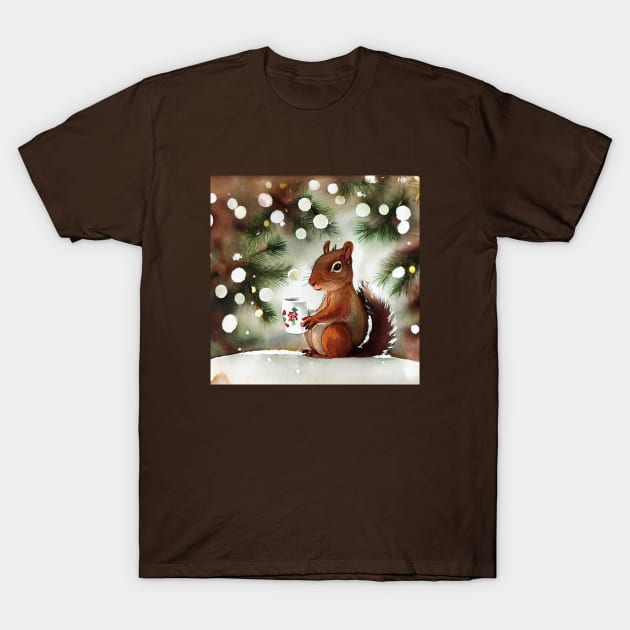 Squirrel drinking eggnog, snowy christmas outdoors T-Shirt by fistikci